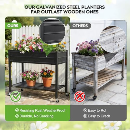 32" Tall Galvanized Raised Garden Bed with Legs Wheels & Shelf, Black - color: Black