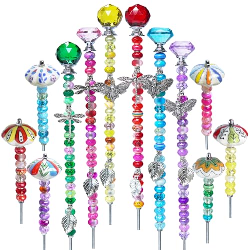 Fairy Wand Garden Stake Beads Kits,Beaded Decorative Garden Stakes Kit, 6 Large(14in) + 6 Mini (6in) Beaded Fairy Garden Stakes with Crysta l& Ceramic Toppers - size: 12 Pack (6 Large 14", 6 Mini 6")