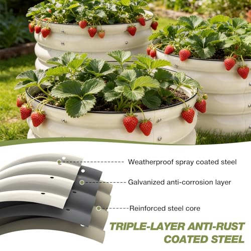 SHALL 3PCs Galvanized Raised Garden Bed Kit, 2x2x1ft Round Planter Boxes Outdoor W/Mini Seed Spreader, Disk Seeder, 2X Seeding Transplanters, Protective Gloves for Flowers Fruits Vegetables Herbs