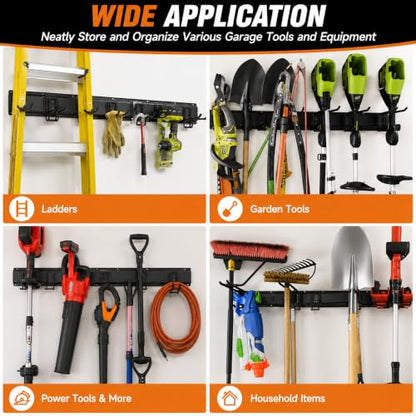Garage Tool Organizer Wall Mount, Heavy Duty 48 Inch Garage Storage System with Adjustable Hooks, Garden Tool Rack for Shovel Rake Broom Snowboard Shed Organization - size: 48" Alloy Steel