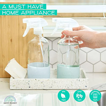 SAVVY PLANET - Glass Spray Bottles for Cleaning, Silicone Sleeve Bottom for Protection, Reusable Glass Spray Bottles 16 Oz With Adjustable Nozzle Settings (2 Pack) - color: Charcoal Gray & Cream White