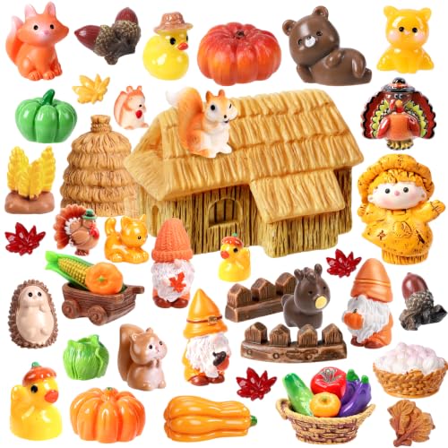 55PCS Fall Thanksgiving Mini Resin Figures Mini Farm Resin Animals Tiny Small Ducks Pumpkins Bulk Miniature Figurines for Fall Party Favors Village Garden Dollhouse DIY Craft Decor - color: Fall