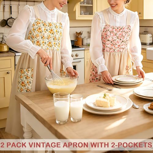 Cotton Linen Apron Cross Back Apron for Women with Pockets Pinafore Dress - color: 2 Pack-flora Beige
