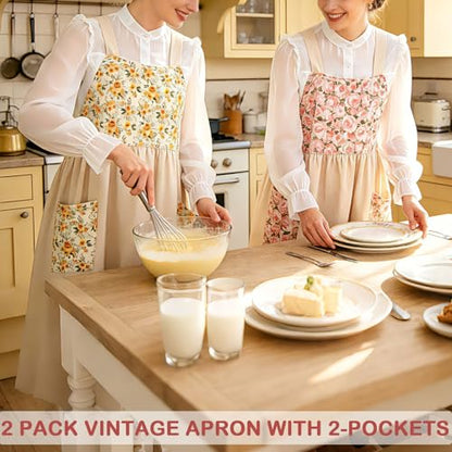 Cotton Linen Apron Cross Back Apron for Women with Pockets Pinafore Dress - color: 2 Pack-flora Beige