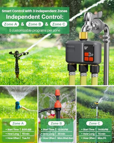 WiFi Sprinkler Timer 3 Zone, 984ft Range Smart Water Timer for Garden Hose - style: 3 Zone Brass Inlet & Outlet