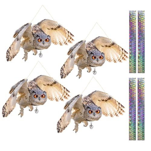 Plastic Owl to Scare Pigeon Away from Porch Patio Balcony, Flat Fake Owl to Keep Pigeon Away 4Pcs, Pigeon Scare Devices with Reflective Tape, Garden Owl to Scare Woodpecker Squirrel for Outdoor - color: Brown 02, size: 4 Pcs
