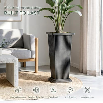 Plastic 24" Tall Outdoor Planters Set of 2, Ribbed - color: Gray Ribbed