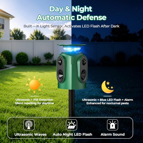 Solar Animal Repeller Outdoor, Squirrel Repellent & Cat Repellent Outdoor, Deer Repellent Devices, Coyote Deterrent Raccoon Repellent, Motion Activated Cat Deterrent 5 Modes IP65 Waterproof