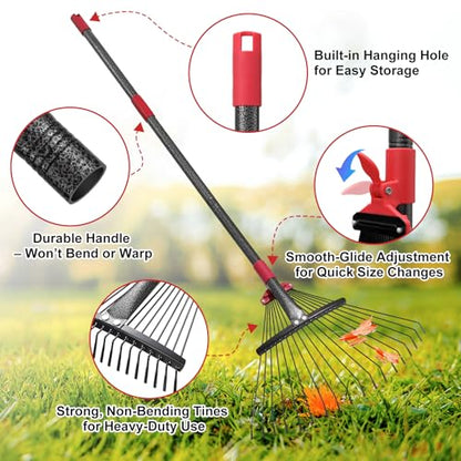 Adjustable Leaf Rake, 8"-17" Expandable Metal Garden Rake with 58" Adjustable Handle, Lightweight Collapsible Yard Rake for Leaves, Pine Needles, Flower Beds, Shrubs and Small Lawns - style: 58inch