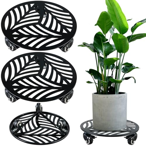 2 Packs 12" Large Metal Plant Caddy with 3 PU Metal Wheels Heavy-duty Wheeled Rolling Plant Stands with Casters Indoor Outdoor Flower Pot Roller Base Planter Dolly Coaster Movers Black, Strong Load Capacity - size: 12"