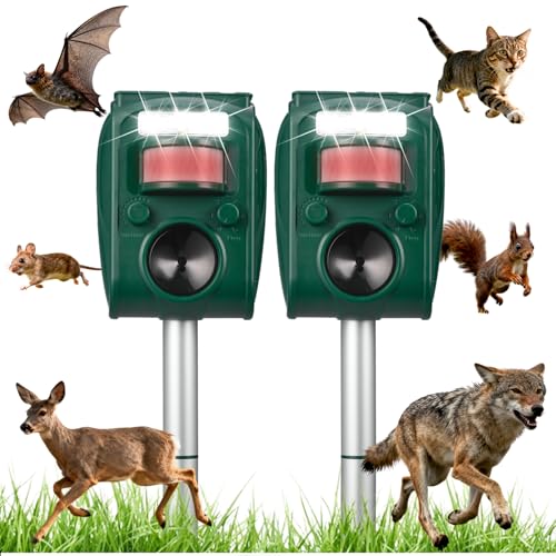 Solar Ultrasonic Animal Repeller, Motion Activated Cat Dog Deer Squirrel Raccoon Bird Skunk Deterrent with PIR Sensor & Flash Light, IP65 Waterproof Outdoor Repellent for Garden Yard, 2 Pack