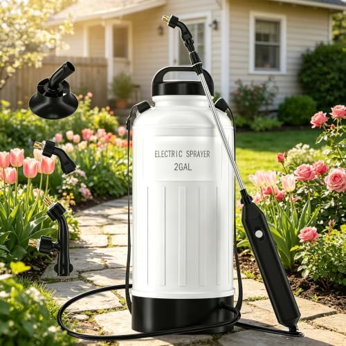 Battery Powered Sprayer 2 Gallon, Wide Mouth Electric Pump Sprayer with Upgraded Elevated Base and Thickened Anti-Abrasion Tank, Kink Proof Hose, Retractable Wand, 3 Nozzles Lawn and Garden