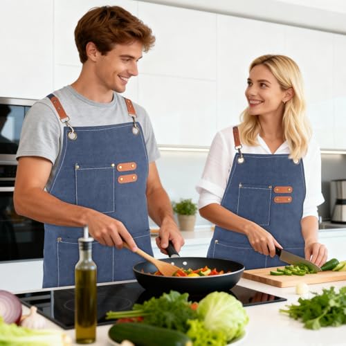 Aprons For Women Men With Large Pockets, Waterproof Cotton Chef Aprons For Cooking Server Grilling Bbq Kitchen - color: Dark Blue