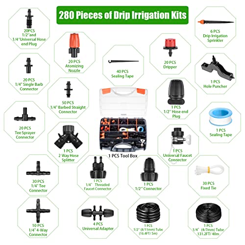 280 Pcs Drip Irrigation Kit, 147FT Garden Watering System 1/2 1/4 in Distribution Tubing Hose Automatic Patio Misting System Micro Automatic Drip Irrigation for Plant Garden Greenhouse Patio Lawn