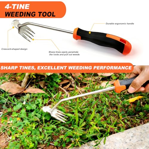 3 in 1 Garden Weeding Tool Set – Manganese Steel Weed Puller, Crack & Crevice Weeder, Ergonomic Scratch Tool for Vegetable Gardening, Lawn Yard Flower Bed Weeding – Heavy Duty Rustproof Hand Tools