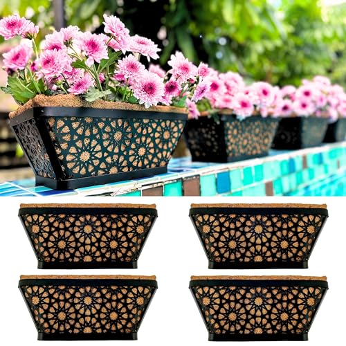 LaLaGreen Window Boxes Planters for Outdoor Plants (12 Inch, 4 Pack) Small and Cute Black Metal Fence Hanging Flower Box Basket with Coco Liner Unique Horse Troughs Balcony Garden Pot Patio Porch Rail - size: 12" (30cm) x 4 pack