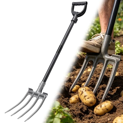 Pitch Fork, Metal Broadfork Garden Tool Long Handle, 4 Tine Mulch Hay Manure Digging Bedding Hay Potato Garden Fork Shovel for Gardening Loosening Soil Compost