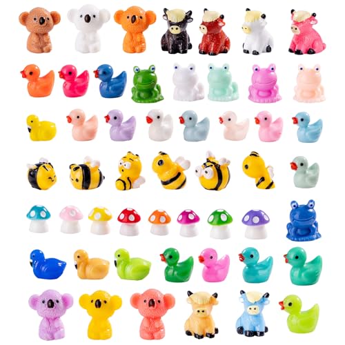 52pcs Mini Resin Animal Figures Bulk Duck Mushroom Frog Tiny Resin Animals Little Small Figures Miniatures for Party Favors Bag Fillers Dollhouse Decor - color: Opaque-52pc