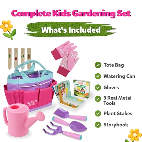 Pink Kids Gardening Tools - Includes Sturdy Tote Bag, Watering Can, Gloves, Shovels, Garden Stakes, and a Delightful Children's Book How to Garden Tale - Kids Garden Tool Set for Toddler Age on up. - color: Pink
