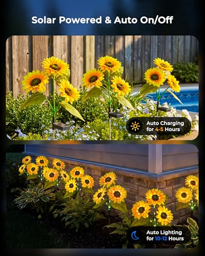 Brightown 6 Pack 3 Head Solar Sunflower Garden Stake Lights Waterproof - color: Yellow, size: 6 Packs