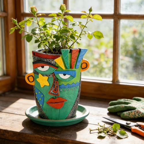 Abstract Face Planter Pot - 8inch Picasso Style Unique Plant Pots - color: Green