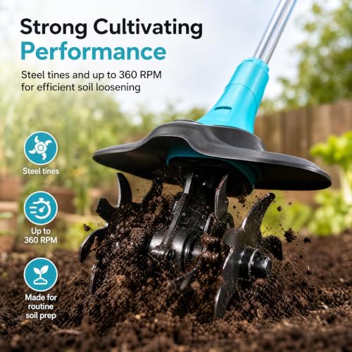 20V Cordless Tiller Cultivator 9" Wide Mini Garden Tiller with 2 Batteries