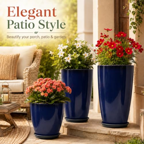 Neoaider Set of 3 Tall Planter, 24/21/12in Large Plastic Planter, Blue - color: Blue