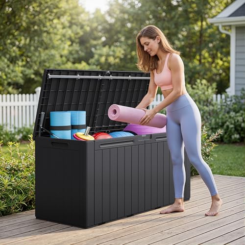 Greesum 110 Gallon Outdoor Storage Box with Lockable Lid, Dark Black