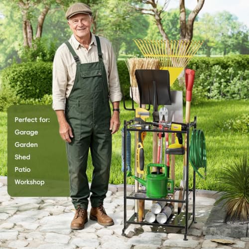 Garden Tool Organizer with Leveling Feet, Yard Tool Tower Rack for Garage Organization, Up to 25 Long-Handled Tools/Rakes/Brooms for Shed, Outdoor, Black