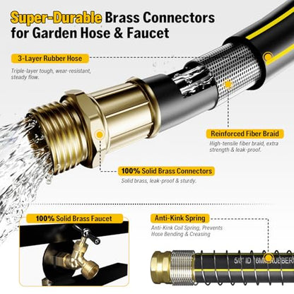 Garden Hose Holder with Brass Faucet, 45ft Rubber Hose, 5ft Leader Hose
