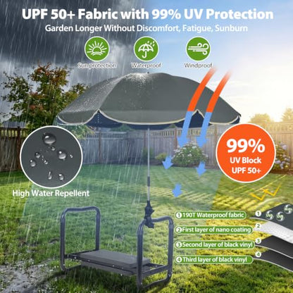 Garden Kneeler Umbrella with Clamp,42” Canopy, UPF50+ Sun Protection - color: Grey