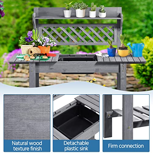 Yaheetech Outdoor Potting Bench with Sink, Garden Table, Lower Shelf,Gray