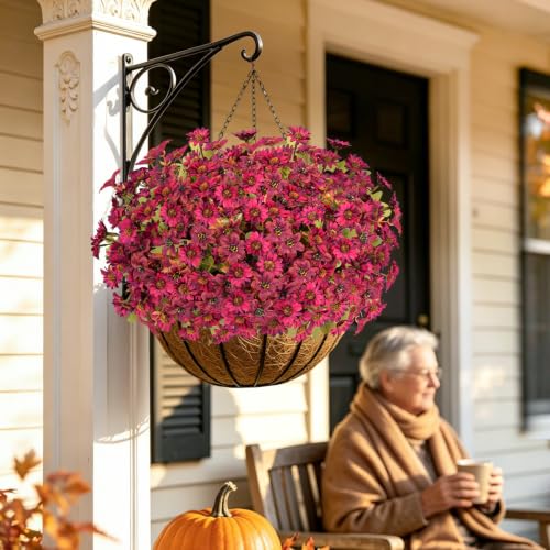 15PCS Artificial Fall Flowers for Outdoors, UV Resistant Fake Mums - color: Burgundy Daisies & Burgundy Violets