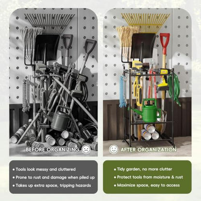Garden Tool Organizer with Leveling Feet, Yard Tool Tower Rack for Garage Organization, Up to 25 Long-Handled Tools/Rakes/Brooms for Shed, Outdoor, Black