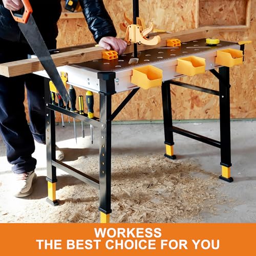 WORKESS Portable Workbench 1000Lbs Capacity 2026 Upgraded Adjustable 5 Level Height Heavy Duty Folding Work Table with 2 Quick Clamps, 4 Bench Dogs, 3 Tool Boxes for Garage Easy Storage - style: Adjustable Height