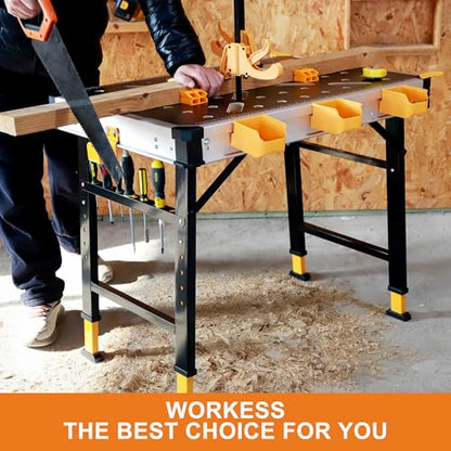 WORKESS Portable Workbench 1000Lbs Capacity 2026 Upgraded Adjustable 5 Level Height Heavy Duty Folding Work Table with 2 Quick Clamps, 4 Bench Dogs, 3 Tool Boxes for Garage Easy Storage - style: Adjustable Height