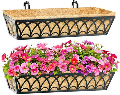30 Inch Railing Planter Box Window Boxes Planters - 2 Pack Deck Railing Planter Boxes with Adjustable Brackets Coco Liners Balcony Planters Railing Hanging for Window Flower Boxes Outdoor Garden Decor - size: 30 Inch