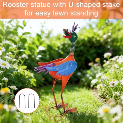 Metal Wacky Rooster Garden Statue for Patio, Backyard, Lawn - color: Yellow & Blue