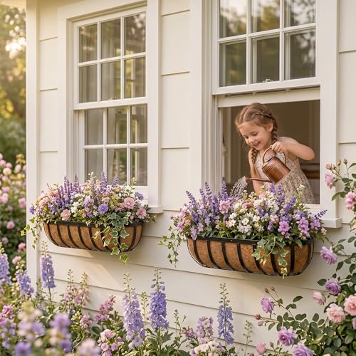 Y&M Railing Planter Boxes 24 Inch 2 Pack, 2-in-1 Adjustable Hanging Balcony Planters with Coco Liners, Heavy Duty Window Box Planters with Support Rods for Outdoor Garden - size: 24in 4P