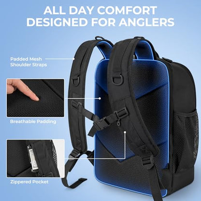 KastKing KarryAll Fishing Backpack with Rod Holder 4 Tackle Boxes, 40/26L - color: Medium (26 L) - Black