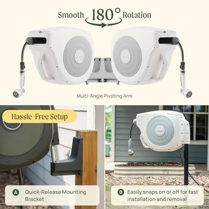 Vego Garden Hose Reel Retractable Hi-Flow Wall Mounted Hose Reel Automatic Rewind, Any Length Lock with 9 Patterns Sprayer Nozzle, Quick Connector and Adjustable shot Nozzle (Cloud White, 100ft) - color: Cloud White, size: 100ft