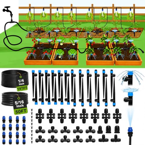 Bonviee Drip Irrigation System Kit for Garden Watering, 247FT Quick Connect - size: 247 FT - 50 FT 5/16" Tubing + 197 FT 1/4" Tubing