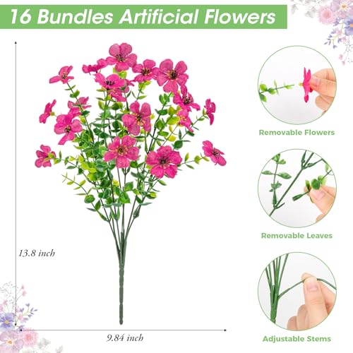 Bassion 16 Bundles Artificial Flowers for Outdoors Fake Flowers, Fuschia - color: Fuchsia
