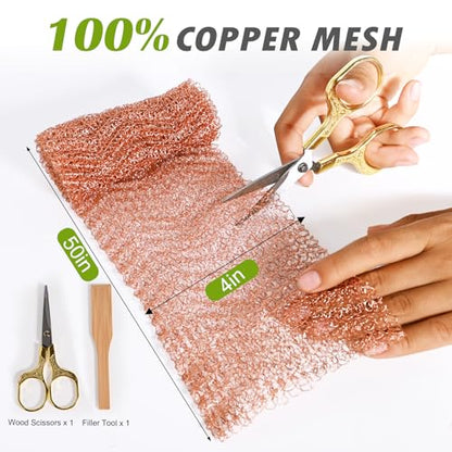 Copper Mesh Rodent Control 4" x 50 in Copper Wool for Slugs Mice Pest Snail - size: 4 inx50 in