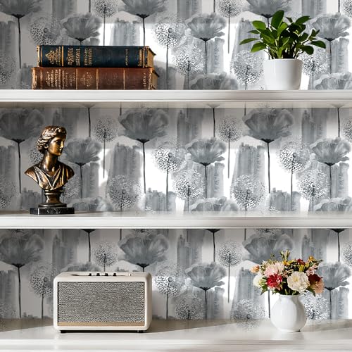 17.5in×317in Dandelion Wallpaper Peel and Stick Wallpaper Grey Self Adhesive Removable Wallpaper for Walls Cabinets Drawers Botanical Peel and Stick Wall Paper Grey and White Contact Paper - color: Grey wallpaper, size: 17.5" x 317"