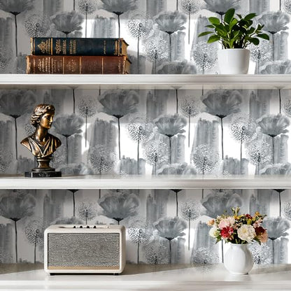 17.5in×317in Dandelion Wallpaper Peel and Stick Wallpaper Grey Self Adhesive Removable Wallpaper for Walls Cabinets Drawers Botanical Peel and Stick Wall Paper Grey and White Contact Paper - color: Grey wallpaper, size: 17.5" x 317"