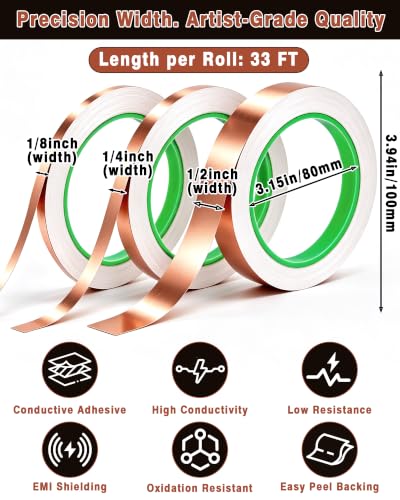 FIVEIZERO Copper Foil Tape 3 Pack, 1/8, 1/4 & 1/2 Inch x 33FT - size: 1/2"+1/4"+1/8" × 33ft (3 Pack)