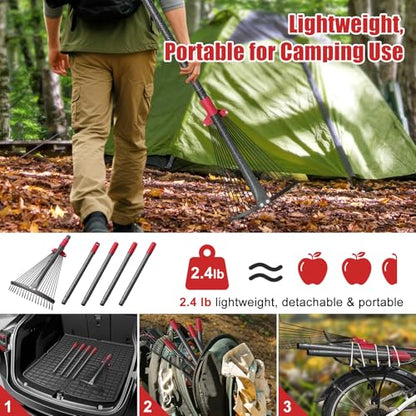 Adjustable Leaf Rake, 8"-17" Expandable Metal Garden Rake with 58" Adjustable Handle, Lightweight Collapsible Yard Rake for Leaves, Pine Needles, Flower Beds, Shrubs and Small Lawns - style: 58inch