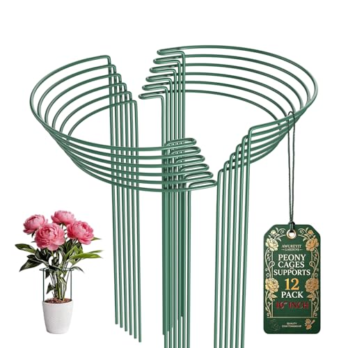 12 Pack Plant Support Stakes, 10" W x 16" H Metal Peony Cages and Supports, Green Half Round Garden Plant Support Ring for Outdoor Indoor Plants, Rose, Hydrangea, Tomato, Snake Plant