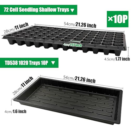 RooTrimmer 10 Pack 1020 Seed Starter Trays and 10 Pcs 72 Cell Plug Trays, Thick Durable Seedling Plastic Nursery Tray for TD538 1020 Tray Germination (10 Sets) - size: 72 Cells-shallow